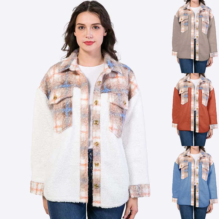 Plus size women's clothing fleece jacket women clothes overshirt sherpa patchwork tweed shacket sherpa plaid shirt